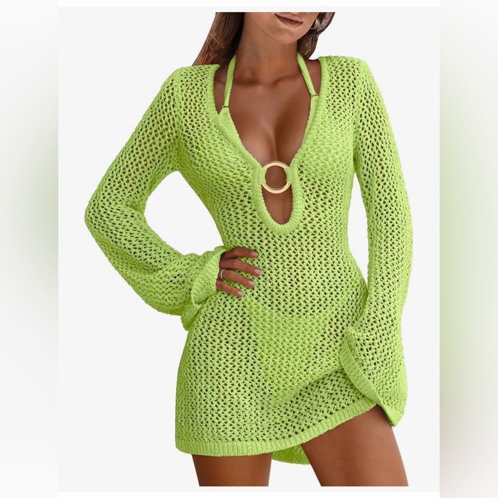 Amazon/Anrabess Women’s Lime green Crochet knit  Beach Cover-Up SZ L